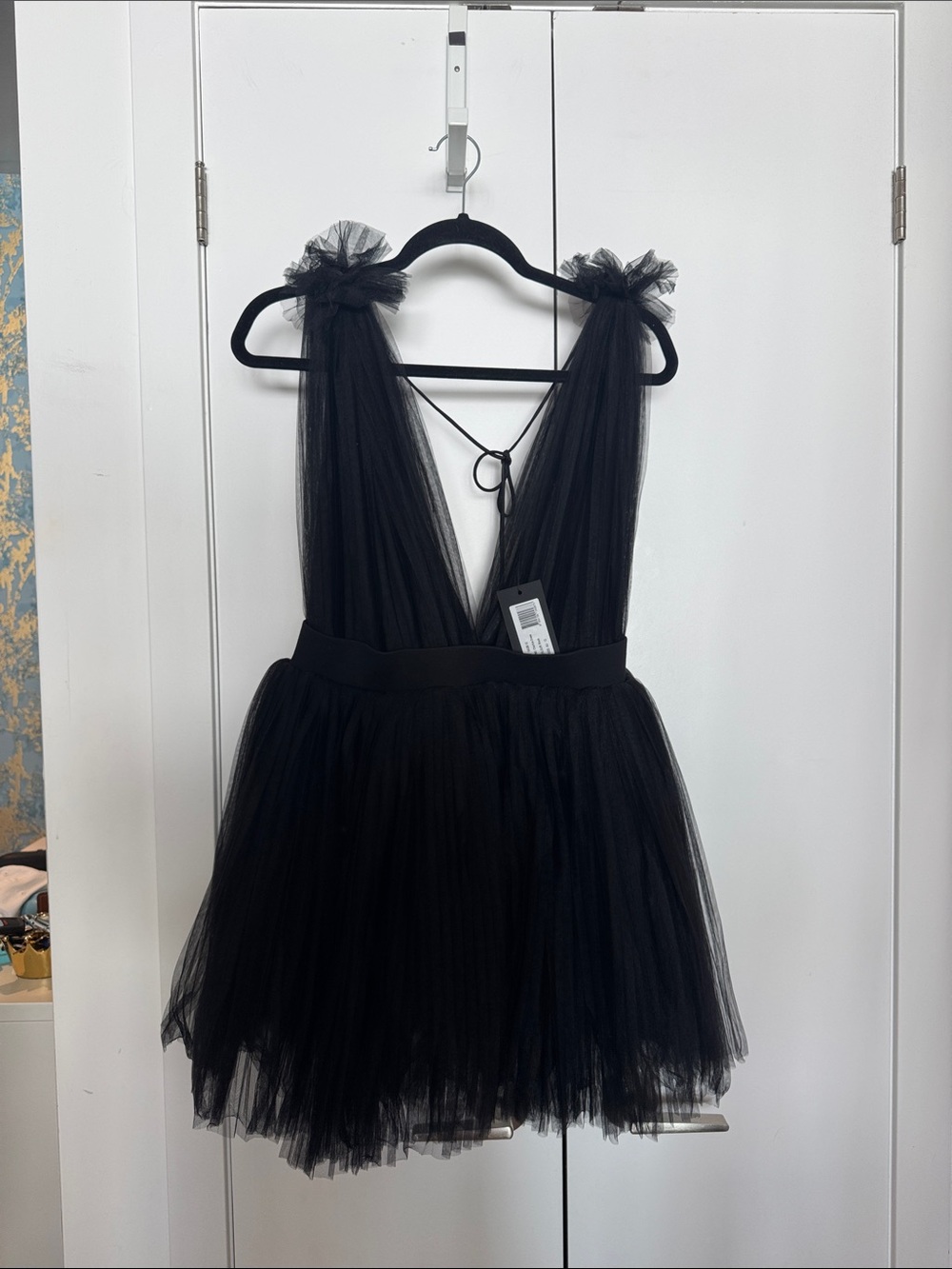 Black Tulle Mini Dress with Bow Shoulder Straps